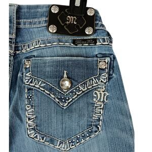 Miss Me Mid Rise Easy Boot Jeans‎ 28 31X31 Blue Wash Faux Flaps Jeweled Western